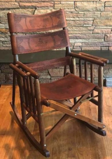 RARE Mid-Century Modern Costa Rican Leather Campaign Folding Rocking Chair