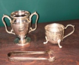 Silver plated tongs and tea set items