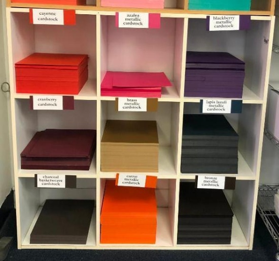 9 Cubby Shelf with 8.5 x 11 sheets of card stock
