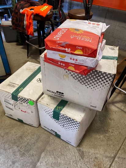 (3) cases of Microchem Alphatec Taped Aprons 5XL & 3 reams of 11x17 legal copy paper