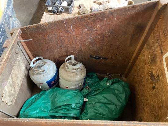Wood firewood box on casters, 2 propane tanks and tarp