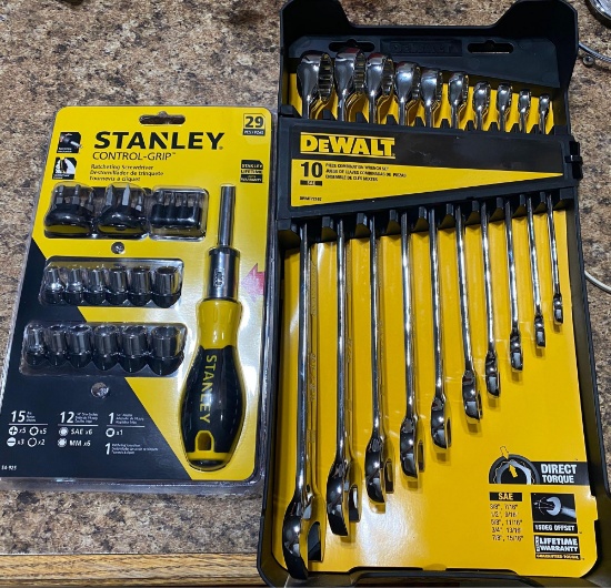 NEW dewalt 10 piece SAE wrench set and 29 piece Stanley bit set