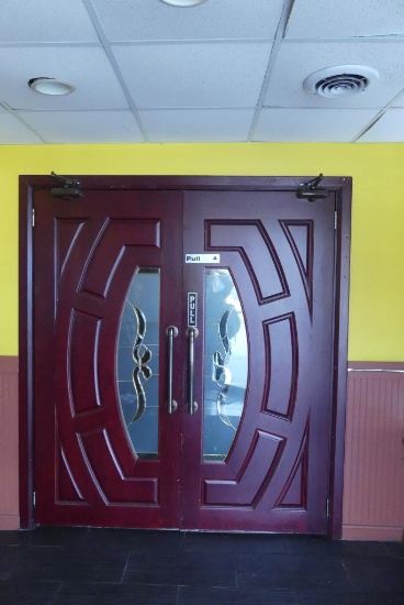 Front Lobby Doors - Wood with Decorative Glass Panels