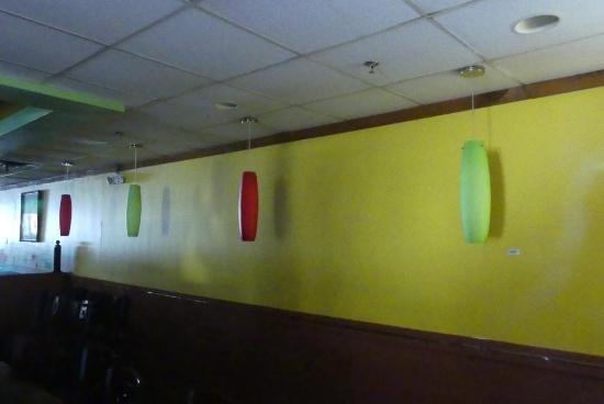 4 X Drop Pendant Lights - 2 Crimson and 2 Lime Green - East Wall Back of Dining Room