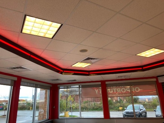 Red Neon Lights in Center of Dining Room