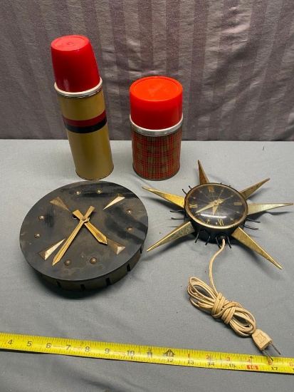 Pair of small Mid Century wall clocks and 2 thermos'