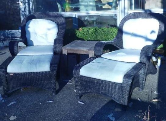 Frontgate Queen Wicker Chairs with Ottomans