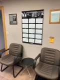 (2) waiting room office chairs and middle table and dry erase calendar