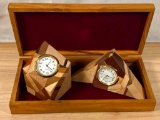 2 Geometric Wooden Quartz Clocks and Inlaid Wooden Keepsake Box