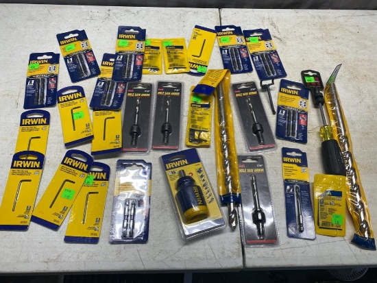 Flat of assorted NEW and Unused tools, drill bits, Allen wrenches and more