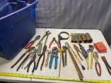 Large selection of assorted hand tools, pliers, misc sockets, tote included