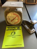 Small vintage mail scale and antique stapler