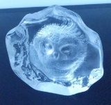 SIGNED Mats Jonasson Owl Crystal Etched Paperweight Sculpture - Sweden