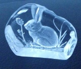 SIGNED Mats Jonasson Bunny Crystal Etched Paperweight Sculpture - Sweden
