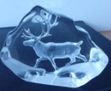 SIGNED Mats Jonasson Reindeer Crystal Etched Paperweight Sculpture - Sweden