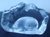 SIGNED Mats Jonasson Baby Seal Crystal Etched Paperweight Sculpture - Sweden