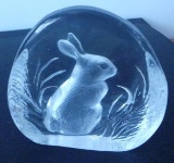 SIGNED Mats Jonasson Bunny Rabbit Crystal Etched Paperweight Sculpture - Sweden