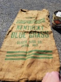 Kentucky Blue Grass Vintage Burlap Bag and Antique Pure Lard Double DD Brand Tin Can