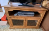 Amish Built Solid Oak Custom Made TV Stand with Glass Inset Doors, Hidden Casters and Brass Knobs