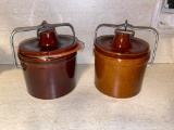 Vintage 60's Brown Stoneware Cheese Crock Jars with Wire Bail Lock Lids...(2)