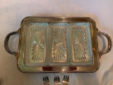 Vintage Silver Plate Tray with Glass Inserts, Relish Forks & Set of Teacups