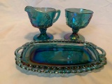 Stunning 3 Piece Iridescent Blue / Teal Carnival Harvest Grape Sugar & Creamer Set with Tray & More