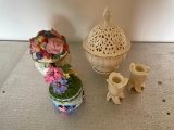 Lenox Candle Holders and Two Porcelain Hinged Boxes