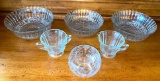 Etched Glass Creamer, Sugar Cup, Plus Four Bowls