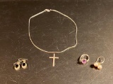 Sterling Silver Necklace, Cross Pendant, Earrings, and Two Rings