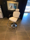WHITE LEATHERETTE RECLINING AESTHETICIAN / MAKE UP ARTISTS CHAIR WITH CHROME BASE