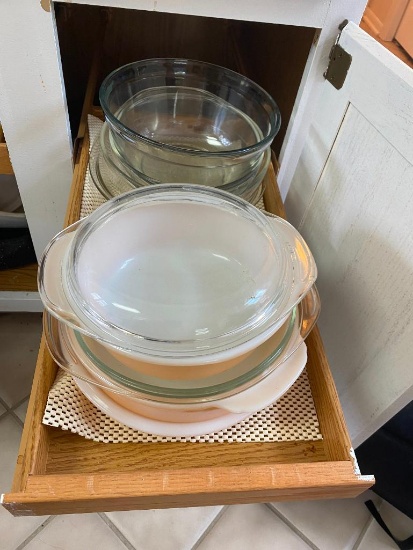 Everything on Cabinet's Sliding Shelf. Fire-King Casserole and Pie Plates, Pyrex, and More
