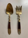 Wood Handled Brass Serving Spoon and Fork