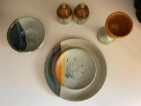 Set of Stoneware Plates, Bowls, Cups, and Shakers