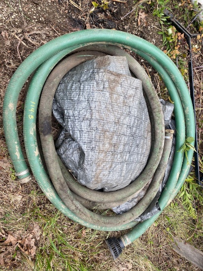 Assorted trash pump suck hoses and tarp