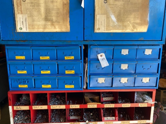 2 Metal hardware bins loaded with terminal parts & lag bolts