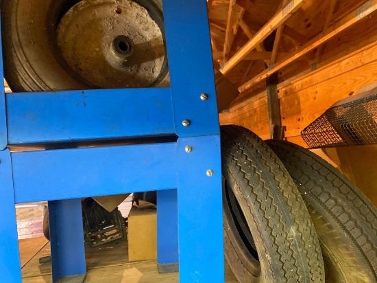 (2) small metal stands and assorted lawn mower/small trailer tires