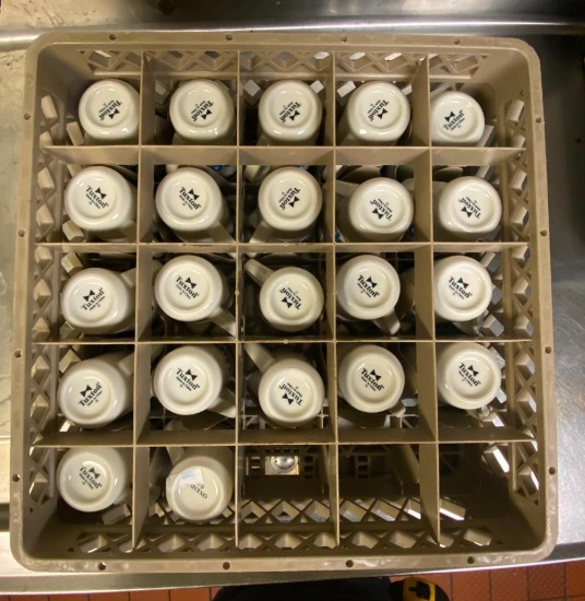 22 IHOP Coffee Cups in a Dishwasher Rack
