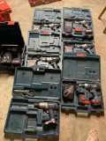 Six Bosch Cordless Drills in Cases, Batteries, and Chargers