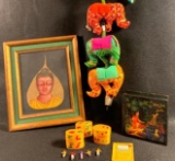 Elephant Bell, Worry Dolls, Collectors Box & Framed Art