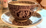 Vintage Brown Transferware Greek Pattern China Tea Cup & Saucer Set by Copeland Spode of England