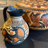 Ancient Greek Mythology Handpainted Jug & Peruvian Carved Gourd