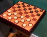 Wooden Chess & Checkers Table with Inlaid Reversible Board - Complete Set!