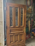 Vintage Solid Wood Door with Leaded Glass Panes and Brass Door Hardware