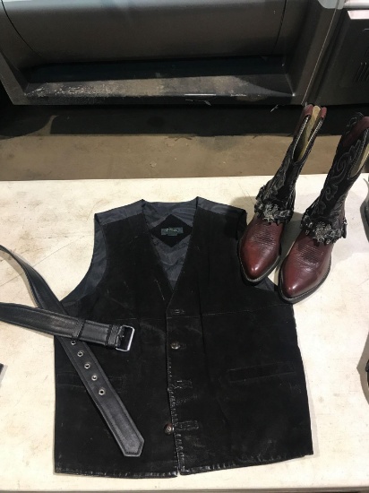 NEW Leather Vest size M, Belt, Boots size 8D
