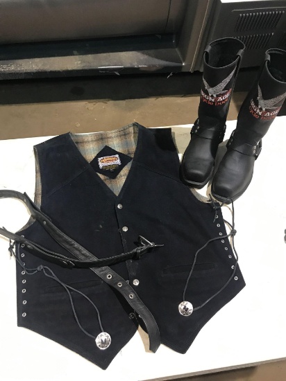 NEW Leather vest sizeXL, Belt, Motorcycle Boots size8D