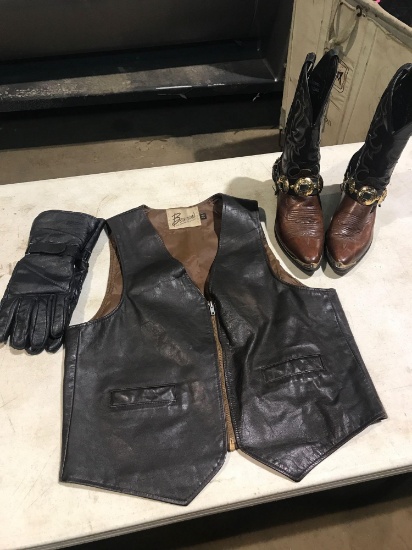 NEW Leather Vest size 42reg, Gloves, Boots size 8.5D