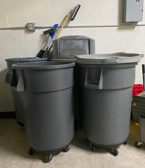 Five Large Rubber Trash Cans on Rolling Stands