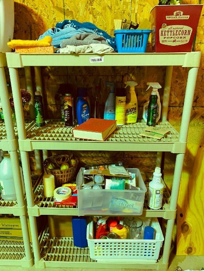 Plastic Shelving Unit with Misc Cleaning Supplies