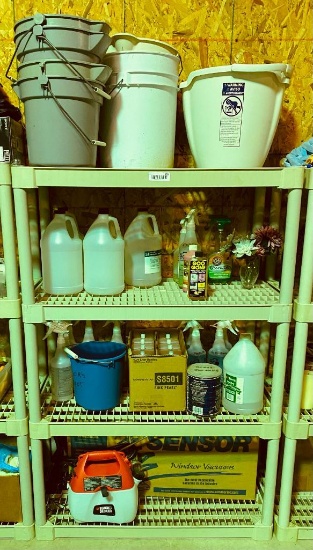 Plastic Shelving Unit with Misc Cleaning Supplies