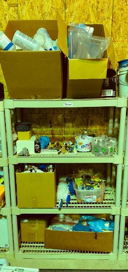Plastic Shelving Unit with Misc Cleaning Supplies